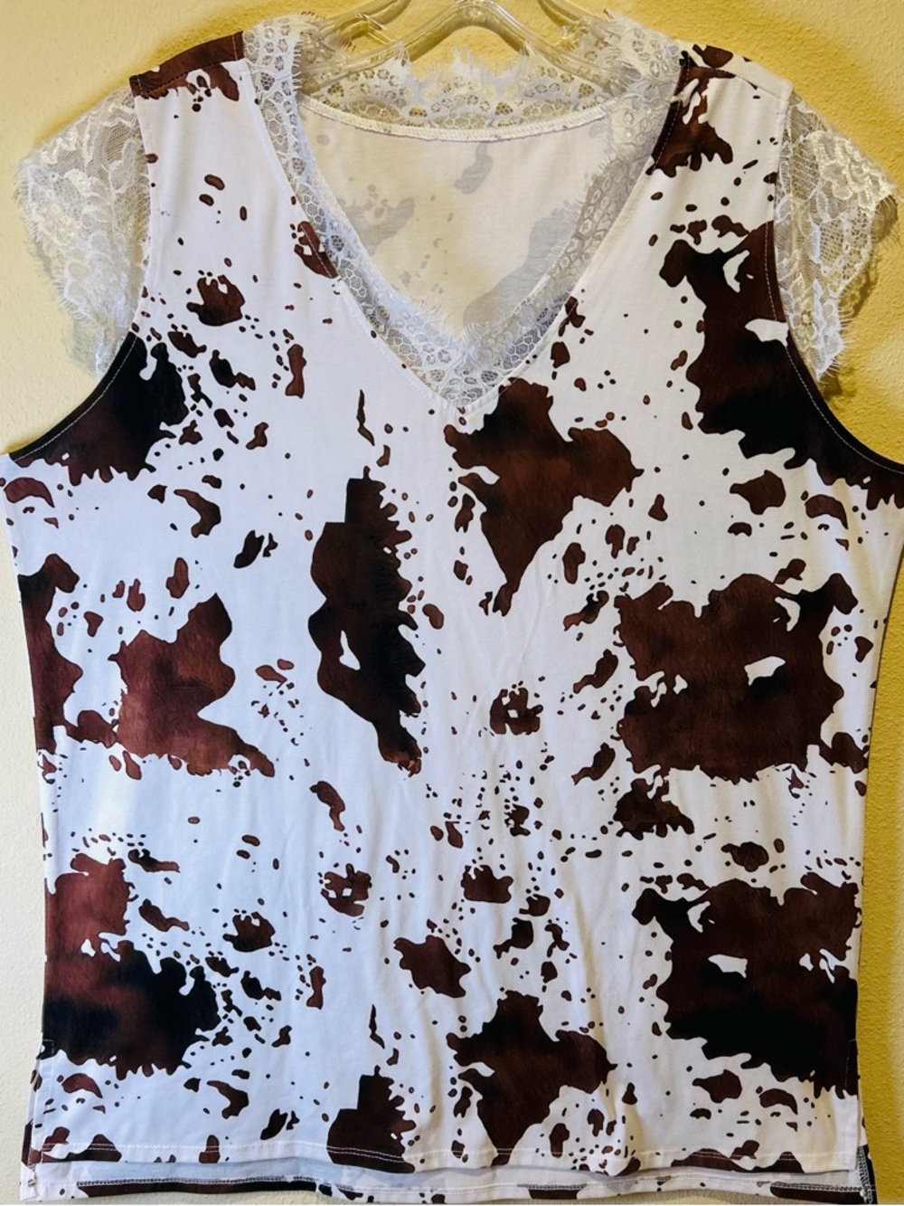 Western Cow Print Lace Trim V-Neck Cap Sleeve Top Brown White Boho Country Chic